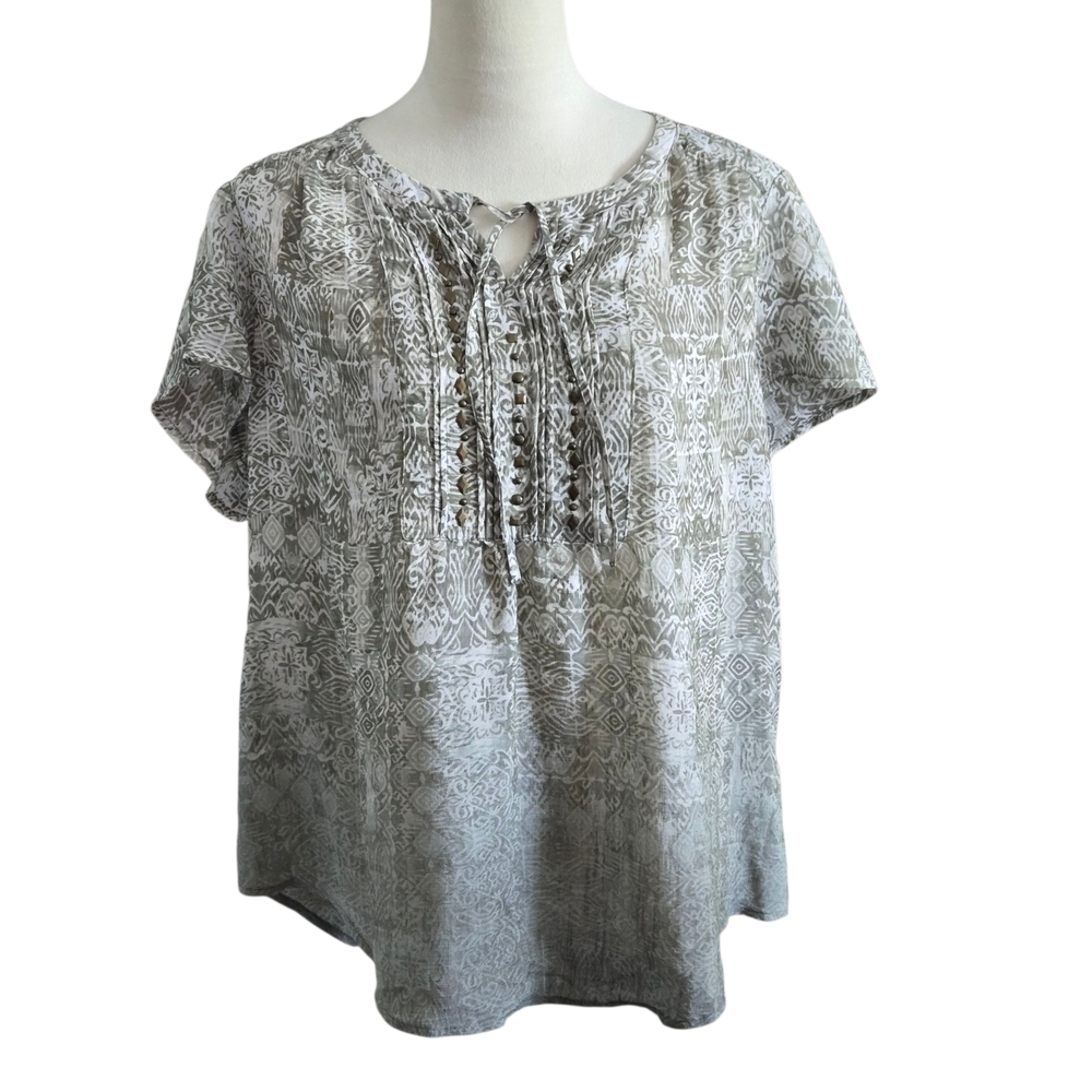 Laura Scott Gray Ombré Patterned Women's XL Top Metal Studs Tie Front